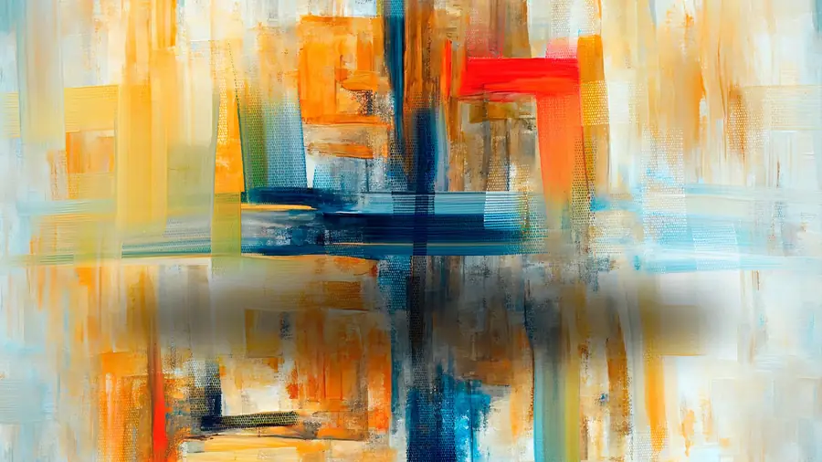 Abstract painting of a cross in warm orange, gold and deep teal brushstrokes